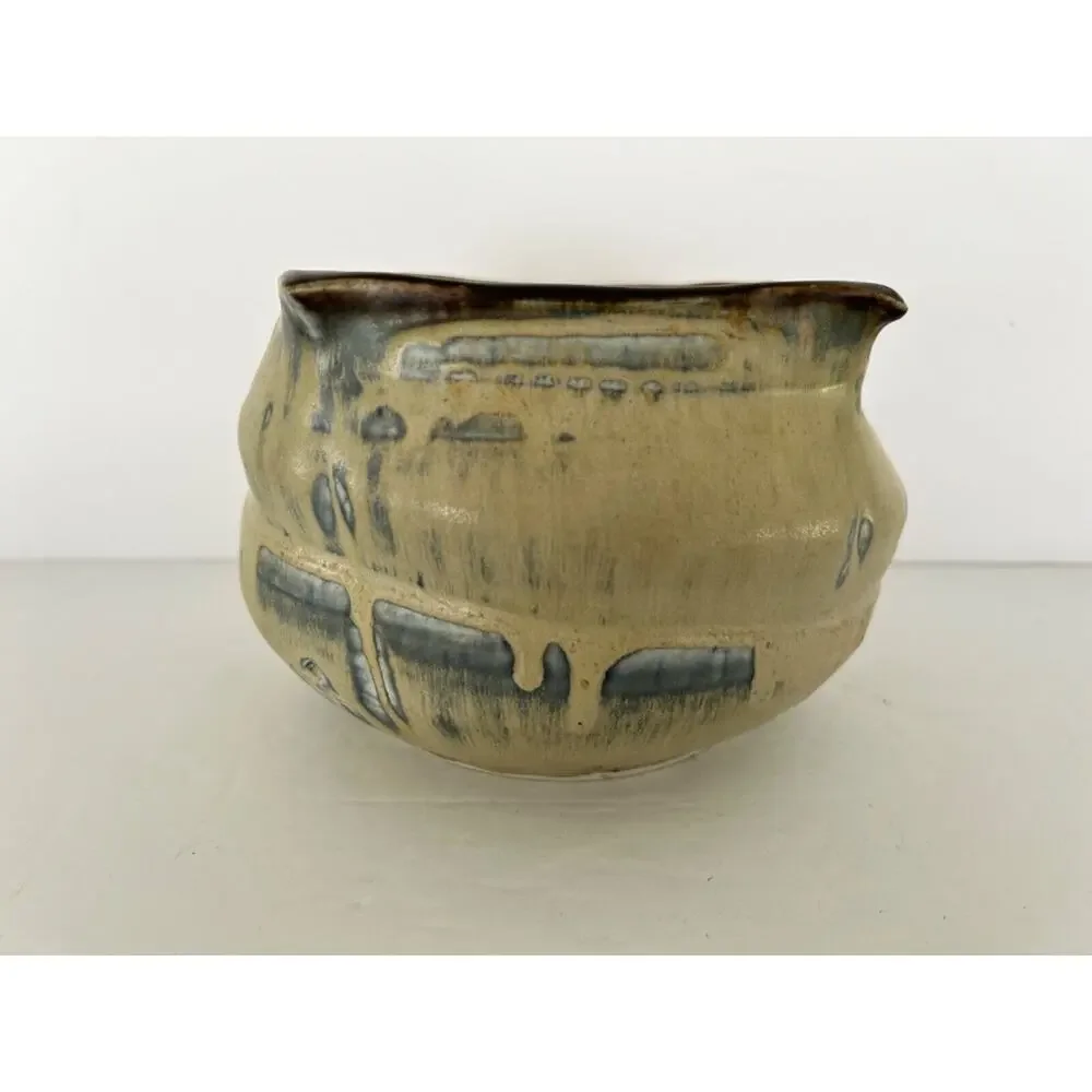 LARGE Art Pottery studio vessel vase planter Earthtones Blue Beige 7